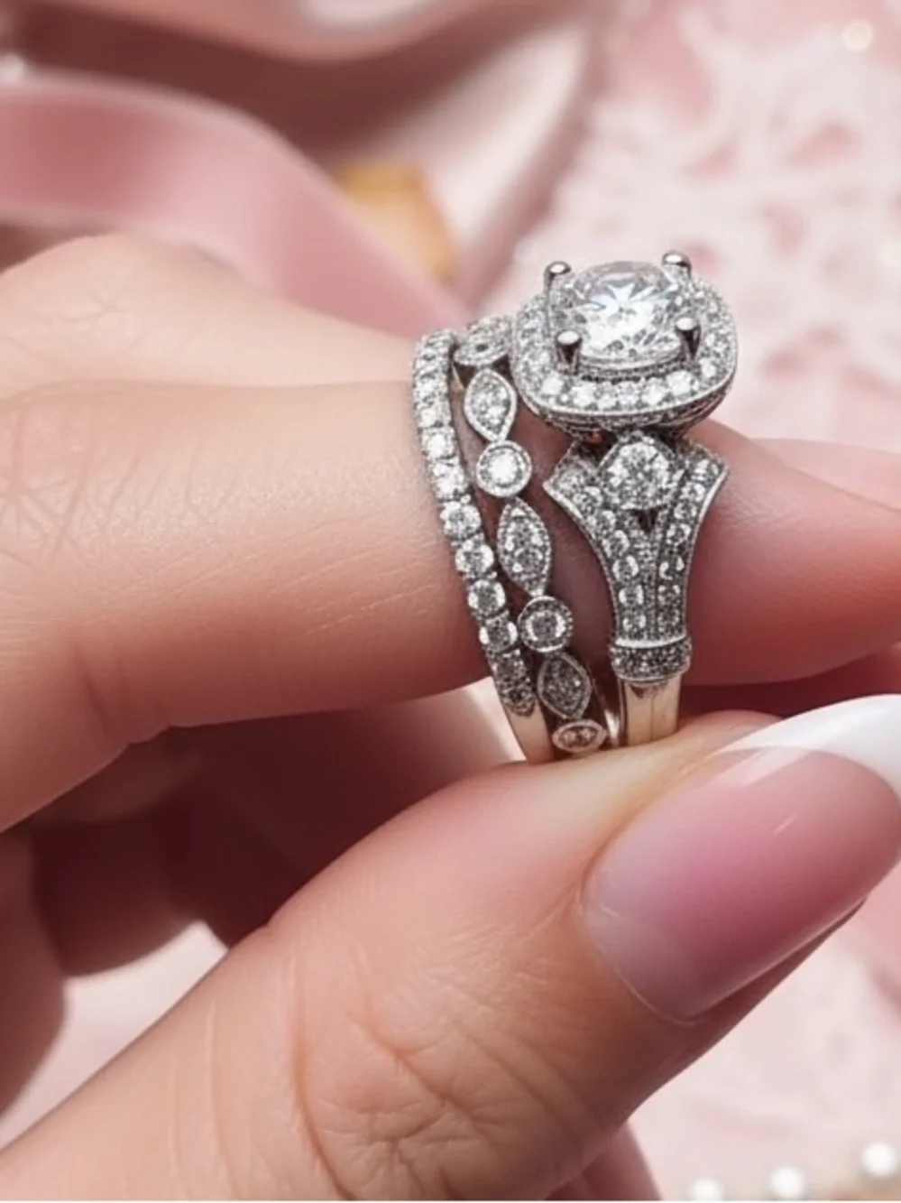 Cushion Cut Ring Set Coquette Vintage Old Money Bridal Retro Whimsical Boho Glam